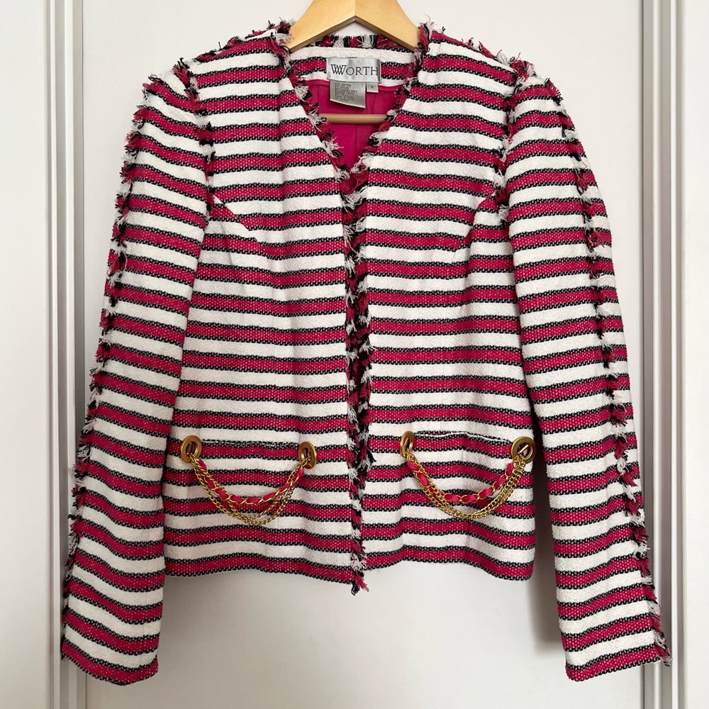 Vintage Worth Women's Striped Tweed Jacket Fringe Size 4 Pink White Gold Chains
